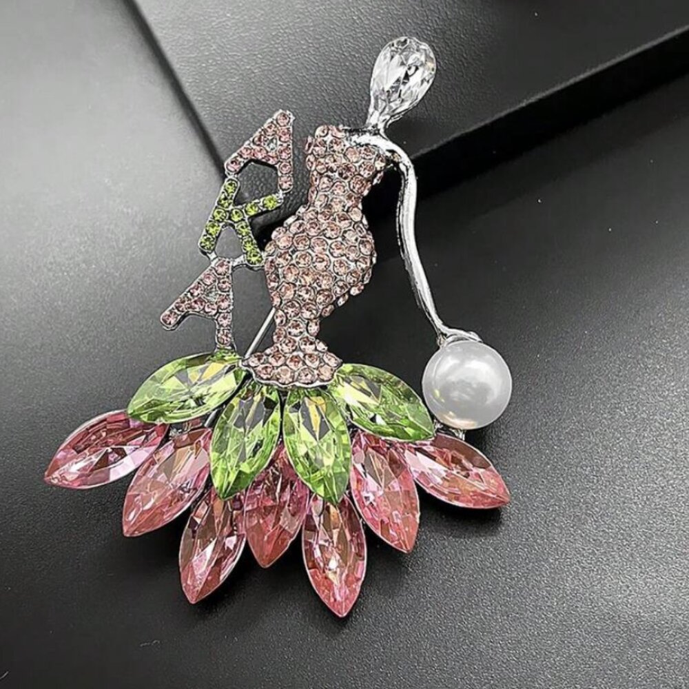 AKA Pink & Green Rhinestones & Faux Pearl Sorority Sweater Brooch